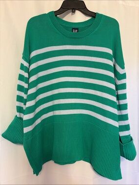 GAP Teal Green and Gray Striped Crew Neck Sweater
